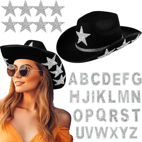 Photo 1 of DIY White Cowboy Hat Rhinestone Cowgirl Hat with Adhesive Rhinestone Letter Patches and Star Patches for Wedding 