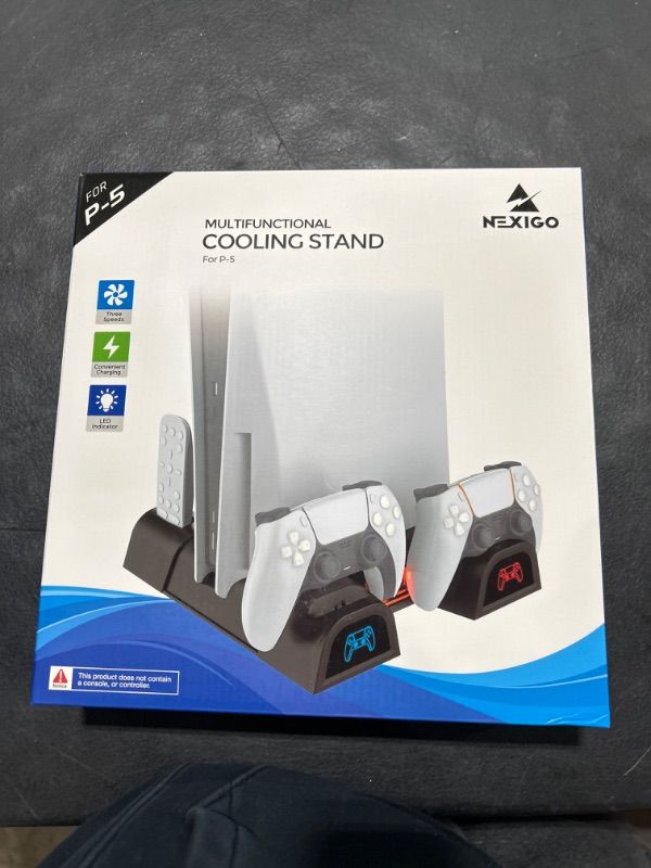 Photo 2 of NexiGo PS5 Slient Cooling Stand with RGB LED Light, Dual Charging Station Compatible with DualSense Edge Controller, Hard Drive Slot, Headset and Remote Holders, 10 Game Slots, White White Standard