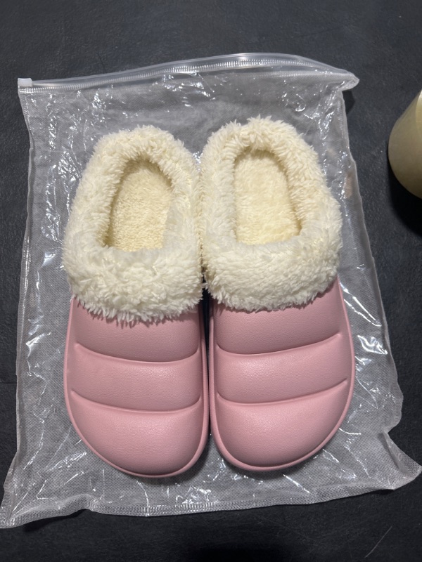 Photo 2 of Plush Lining Waterproof Slippers for Women and Men, Memory Foam Slippers Cotton Blend Knitted Shoes for Indoor and Outdoor 5-6 Wide Women/3.5-4.5 Wide Men Pink