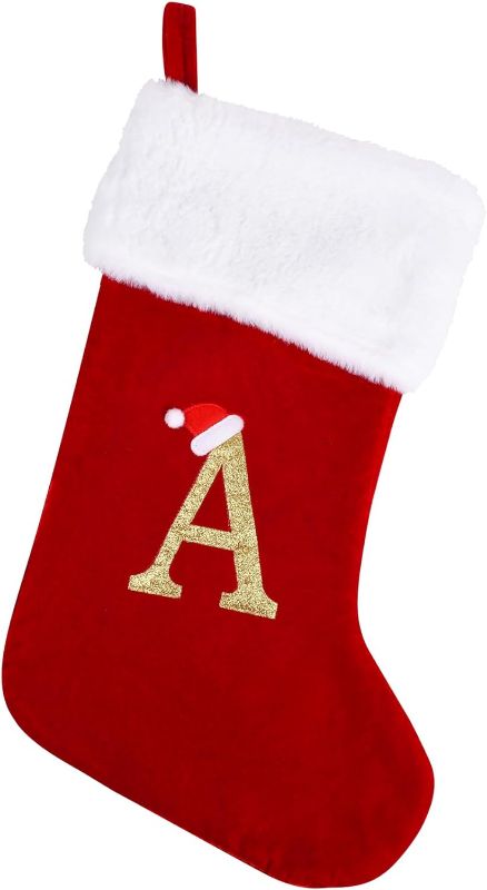 Photo 1 of 20 Inches Monogram Christmas Stockings with Letters, Large Super Soft Christmas Stockings Red Velvet with White Super Soft Plush Cuff for Christmas Xmas Tree Holiday Fireplace Family Decor Gifts (A)