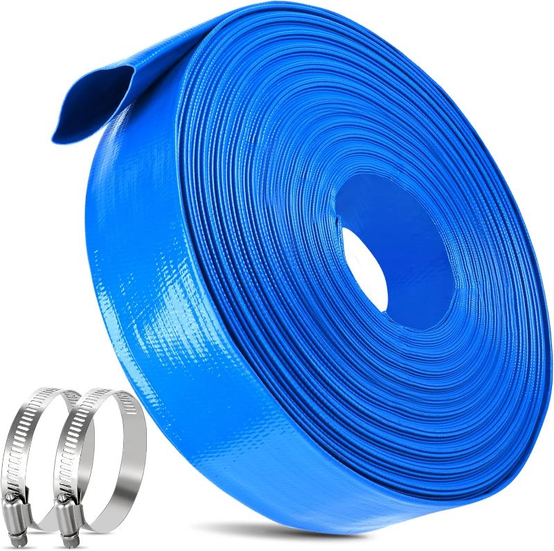 Photo 1 of 2 IN x 110FT Pool Backwash Hose Heavy Duty Drain Discharge Double PVC Layflat Hose with 2 Clamps, Weatherproof Burst Resistant for Water Transfer, Sump Pump, Pool Filter, Pool Drain (33.6M, Blue)
