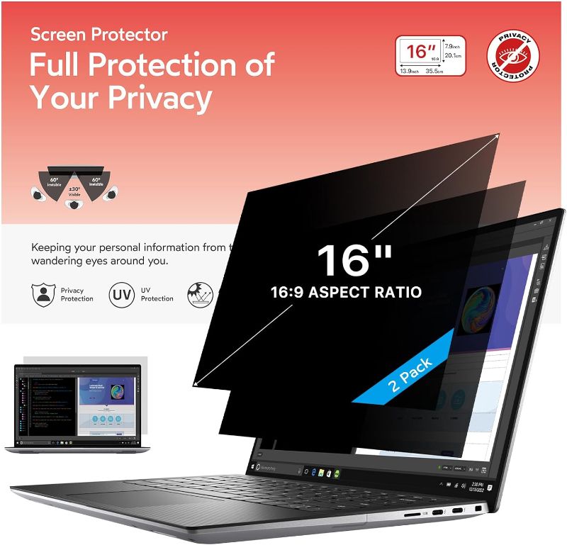 Photo 1 of 16 Inch Laptop Privacy Screen Filter (13 15/16 × 7 7/8) 16:9 Aspect Ratio With Anti Glare, Blocks UV, Anti Scratch, Laptop Screen Privacy Shield NOT FOR MacBook