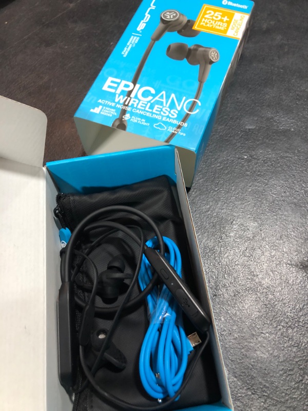 Photo 2 of JLab Epic ANC Earbuds, Active Noise Canceling, Be Aware Audio, Bluetooth 5, 25+ Hour Battery Life, IP54 Sweat Resistant, Universal Music Control, Bluetooth Headphones, Black