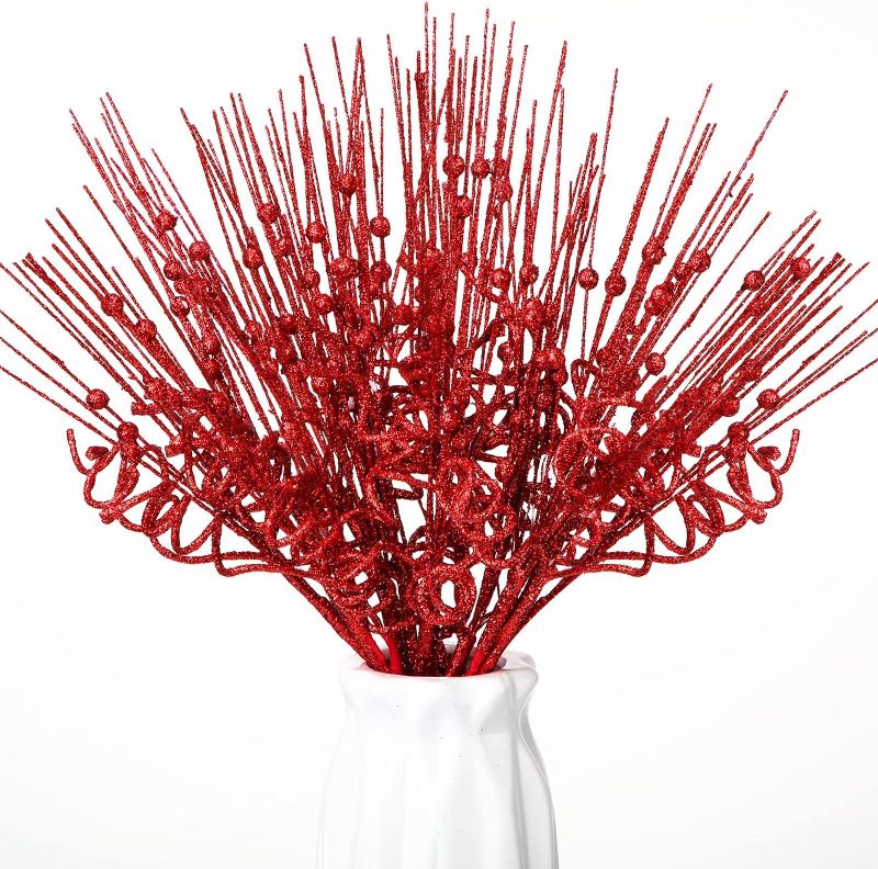 Photo 1 of 30 Pieces Christmas Glitter Curly Spray Picks 14 Inch Artificial Curly Berry Ting Ting Branches Decorative Sticks for Winter Wedding Vase Fillers Christmas Tree Wreath DIY Crafts Decor (Red) 