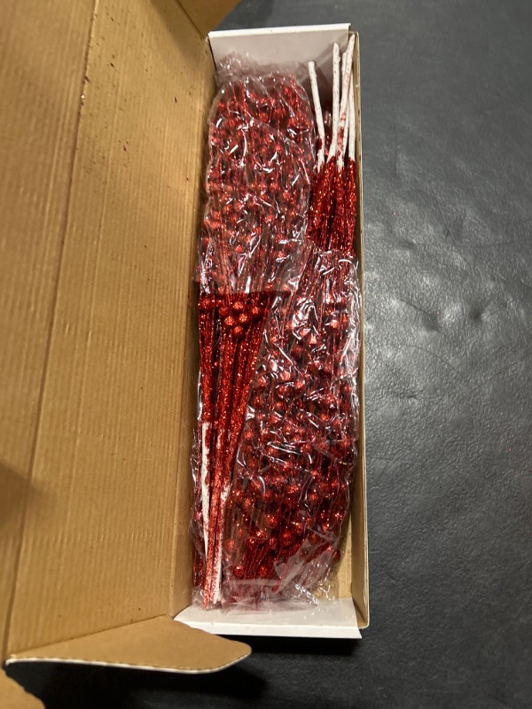 Photo 2 of 30-Pack Christmas Picks and Sprays Red Artificial Glitter Berry Stems Branches Twigs Sticks Sprigs Christmas Tree Decorations, Ornaments for Garland, Wreath, Flowers and Tree Topper