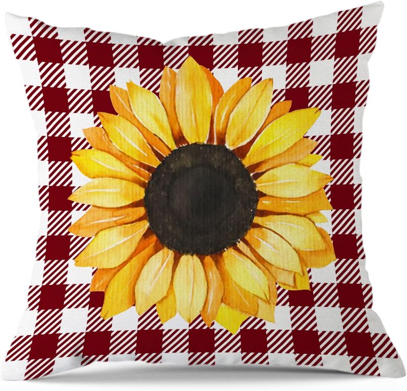 Photo 1 of  Sunflower Pillow Cover 18x18, Burgundy Yellow Decorative Throw Pillow Case Set of 1, Spring Summer Outdoor Sofa Couch Buffalo Plaid Linen Farmhouse Sunflower Home Decor 