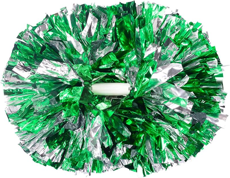 Photo 1 of 2 Pack Cheerleading Pom Poms with Handle, Metallic Foil Cheer Pom Poms, Cheerleader Pom Poms for Sports Party Dance Team Cheering Squad Spirit Kids Adult, Green and Silver