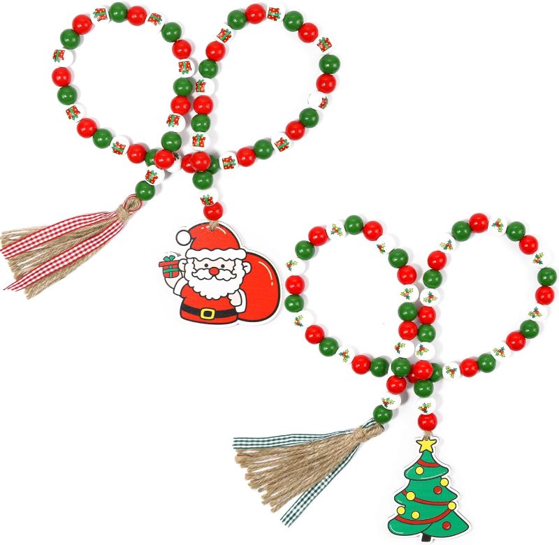 Photo 1 of 2 Pieces Christmas Wood Bead Garland, 40.1-inch Christmas Tree and Santa Claus Pendant Wooden Beads with Tassels Farmhouse Beads Tiered Tray Prayer Bead Wall Hanging Decor for Christmas Decorations 