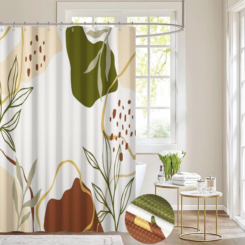 Photo 1 of GCIREC Boho Leaf Waffle Shower Curtain, Weighted Bottom Boho Tropical Leaves Colorful Geometric Aesthetic Mid Century Bathroom Curtain Waterproof Washable Heavy Duty Fabric with Metal Hooks