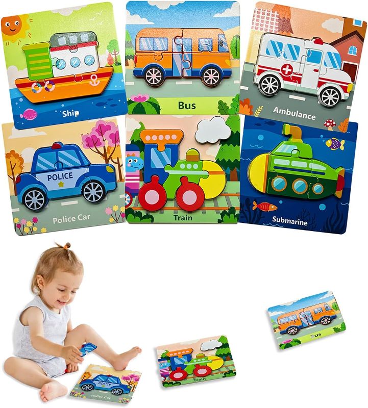 Photo 1 of 6 Pcs Wooden Puzzles Bright Vibrant Color Shapes Vehicle Jigsaw Gifts Puzzles Wooden Vehicle Toddler Puzzles with 6 Vehicle Shape Toddler Educational Learning Toys for Age 3-5 Kids Toys Gift 