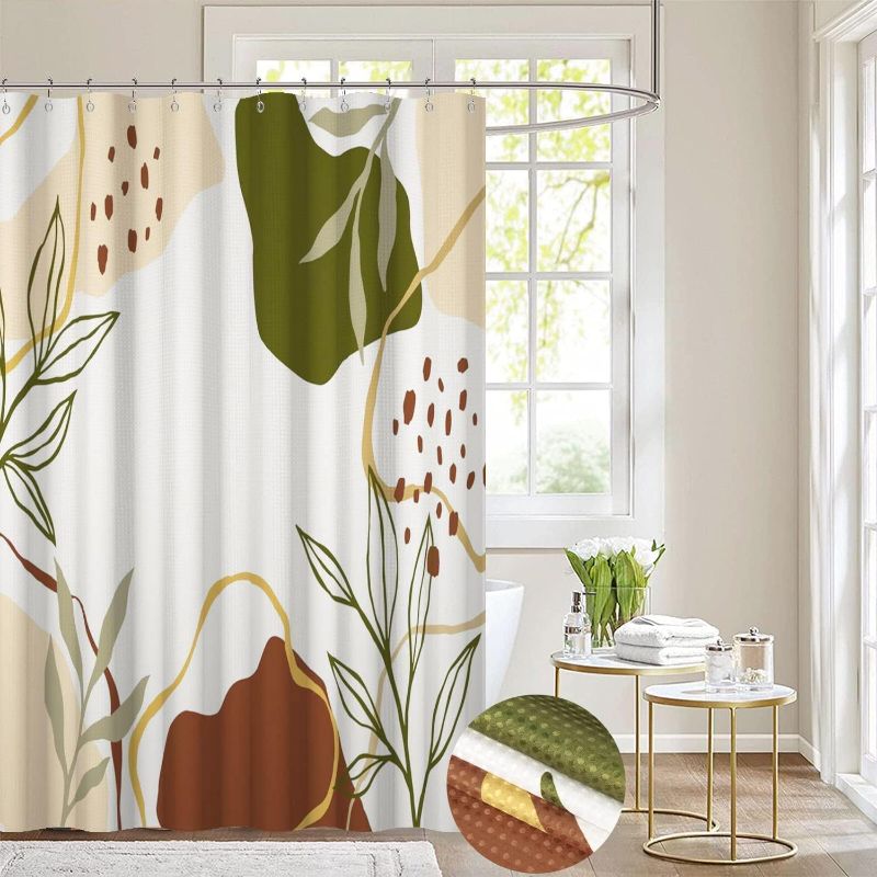 Photo 1 of Boho Leaf Waffle Shower Curtain, Weighted Bottom Boho Tropical Leaves Colorful Geometric Aesthetic Mid Century Bathroom Curtain Waterproof Washable Heavy Duty Fabric with Metal Hooks
