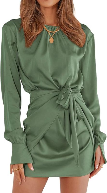 Photo 1 of BTFBM Women Casual Long Sleeve Ruched Wrap Dress Crew Neck Tie Waist Short Dresses Solid Party Dresses Satin Cocktail Dress  Size S 