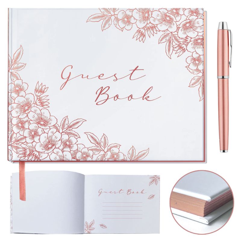 Photo 1 of Floral Wedding Guest Book, Wedding Guestbook with Gold Pen, Guest Book Wedding Rose Gold Stamping, Bridal Shower Guest Book Rose Gold Paper Edge, Wedding Guestbook Alternative, Guestbook Wedding