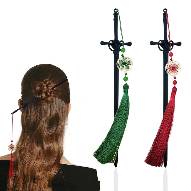 Photo 1 of 2 PACK Chinese Sword Tassel Hair Accessories Sticks for Women Buns with Hair Tassels Sword (Red + Green) 