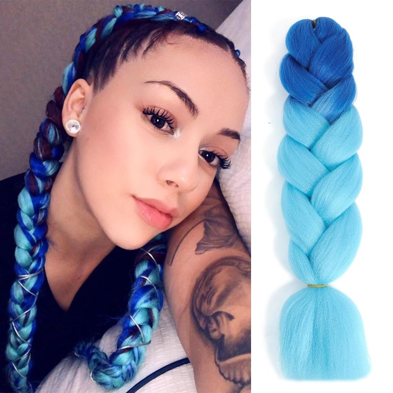 Photo 1 of Herina Blue Ombre Braiding Hair 3pcs Fake Braids In Hair Extensions High Temperature Fiber Ombre Blue Hair Extensions(3pcs/pack) 