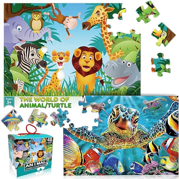 Photo 1 of Double Sides Jumbo Floor Puzzle for Kids Animal Jigsaw Large Puzzles 48 Piece Ages 3-5 for Toddler Children Preschool Educational Intellectual Development Toys 4-8 Years Old Gift for Boys Girls
