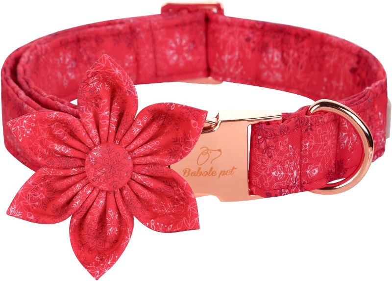 Photo 1 of   Babole Pet Christmas Girl Dog Collar Flower Tie, Red Snowflake Dog Collar with Safety Metal Buckle Adjustable Puppy Collars for Small Medium Large Dog,Large, Neck 16"-24" 