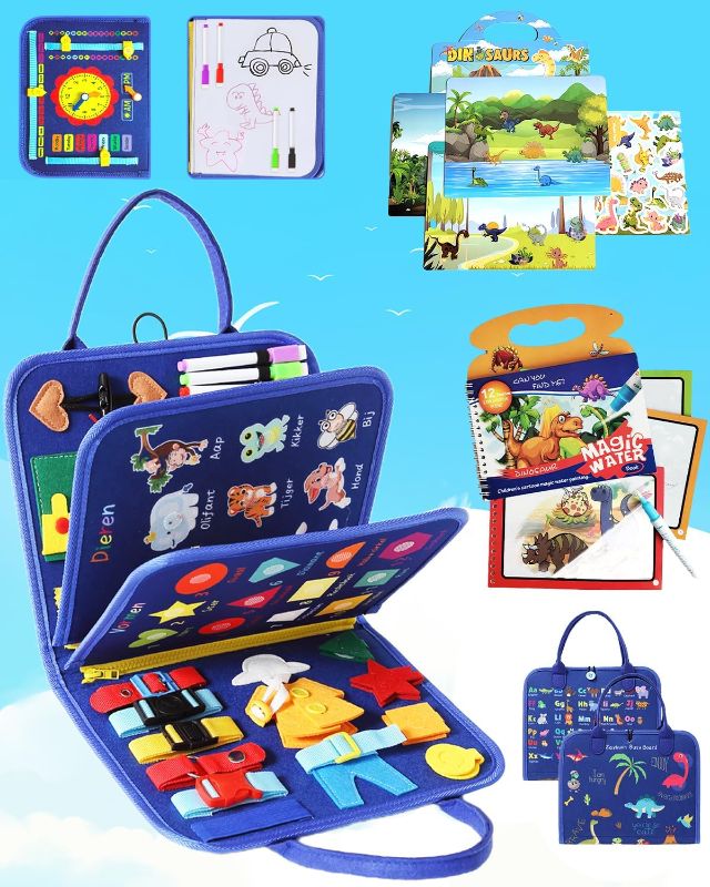 Photo 1 of Busy Board Montessori Toy for 1 2 3 4 Years Old Toddlers, Busy Board for Developing Toddlers Educational Activity Sensory,Preschool Learning Dress Motor Skills Toys, Toddler Travel Toy (Dark Blue) 