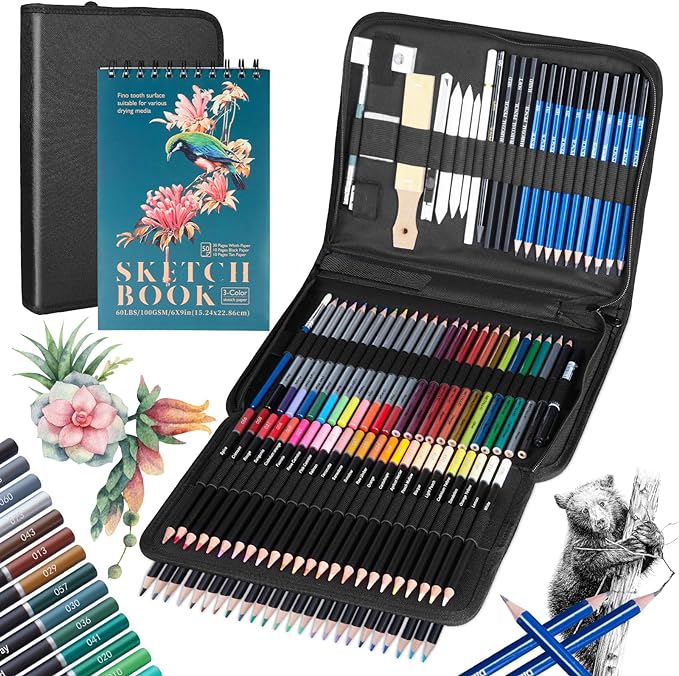 Photo 1 of ZAIYIF 101 Drawing Set Sketching Kit, Pro Art Supplies Include 50 Pages 3-Color Sketchbook, Colored, Watercolor, Graphite, Charcoal & Metallic Pencil, Perfect for Artists, Adults, Kids, Beginners
