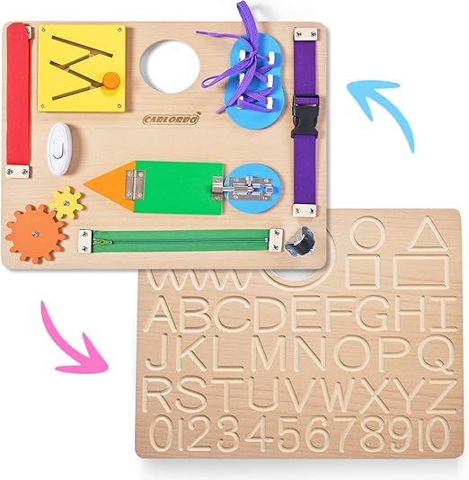 Photo 1 of Busy Board Wooden Montessori Toys - Sensory Board with Alphabet Tracing Board Double-Sided for Kindergarten Preschool Learning Activities,Toddler Travel Toys,Fine Motor Skills Toys 2 3 4 5Year Old 