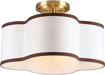 Photo 1 of 4 Light Semi-Flush Mount Ceiling Light Fixture 14" White Fabric Drum Linen Shade Brushed Bronze Finish for Bedroom, Dining Room, Corridor, Living Room Hallway