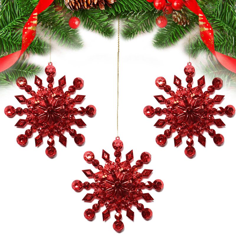 Photo 1 of 5" Christmas Tree Snowflake Ornaments Decorations- 6 Pack Red Hanging Plastic Ornament for Xmas Holiday New Year Winter Décor Style 2