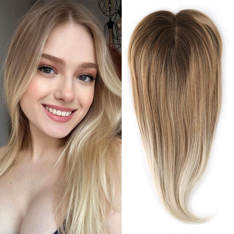 Photo 1 of 18 Inch Hair Topper,Long Layered Hair Topper with Bangs for Women with Thinning Hair Slightly Curled Ends Wiglets Synthetic Fiber Hair Pieces for Women with 3 tone brown color with dark root