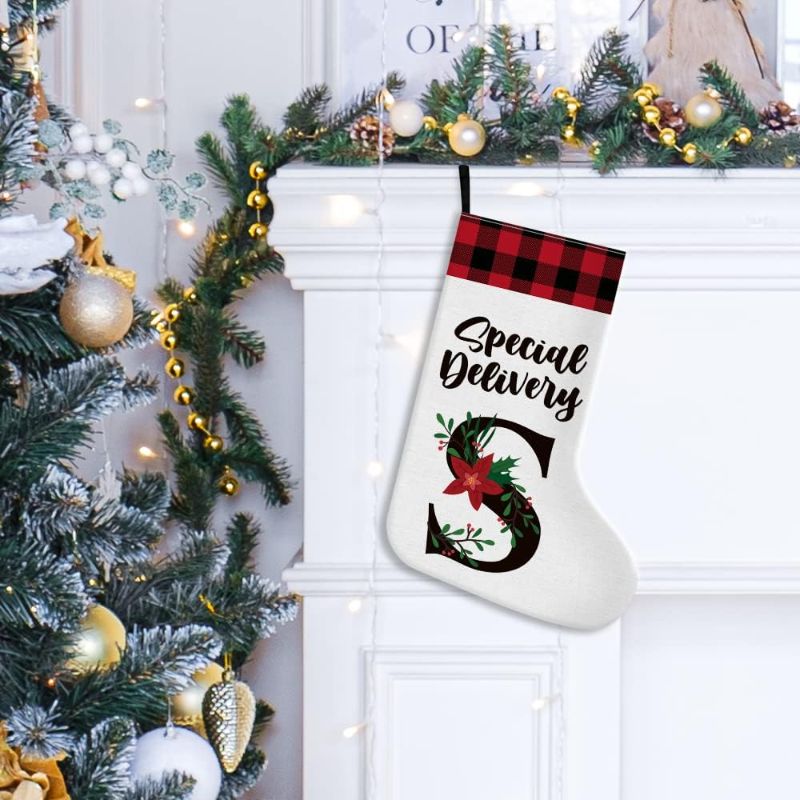 Photo 1 of  Christmas Stocking Initial Letter S, Burgundy Buffalo Snowman Christmas Stocking Christmas Xmas Decor Holiday Decoration for Home Party Family Mom Dad Daughter Son Kids Teens Gifts