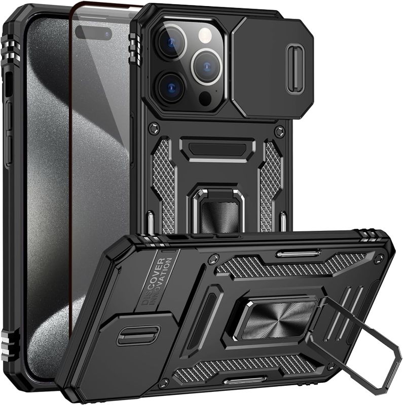 Photo 1 of iPhone 15 Pro Case with Camera Cover & Screen Protector, Built-in Magnetic Ring Kickstand Holder, Military Grade Shockproof Armor Case for iPhone 15 Pro 6.1'' - Black