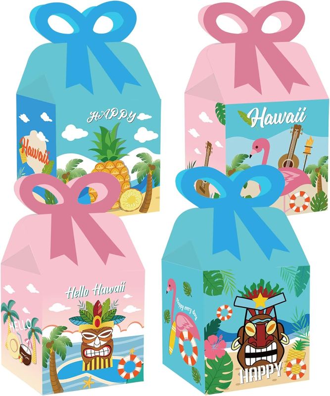 Photo 1 of  24 Pieces Tropical Luau Party Treat Gift Bags, Hawaiian Beach Square Party Favor Gifts Bags Candy Box Bags Decorations Bow Boxes for Hawaiian Summer Aloha Party Supplies