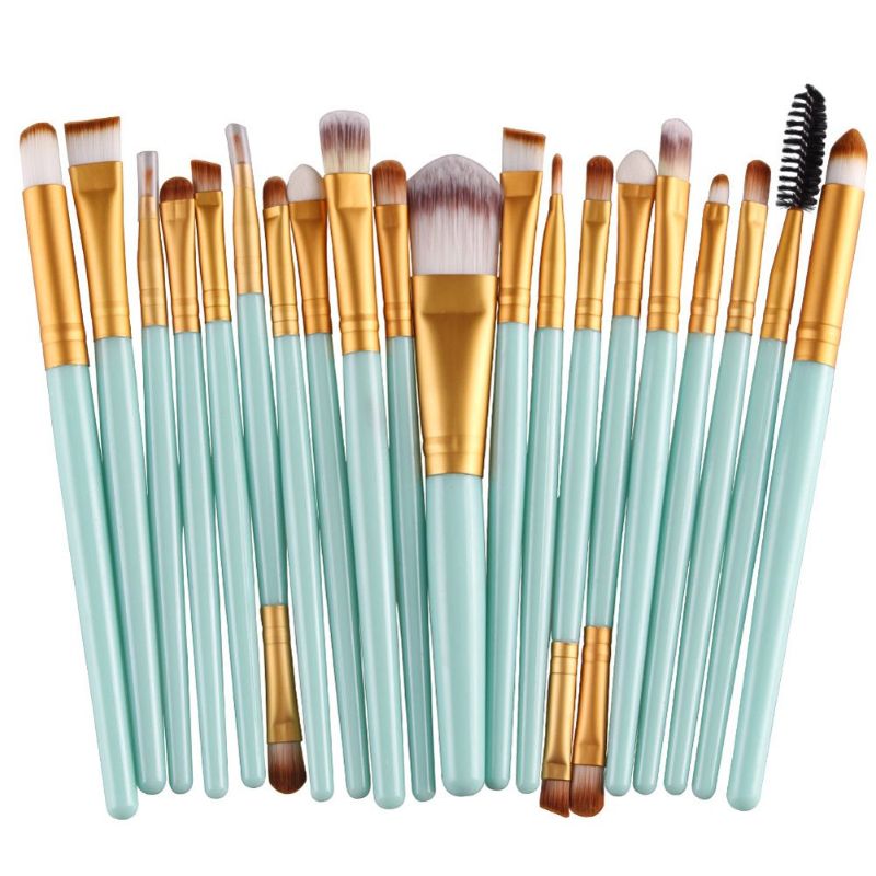 Photo 1 of  Pack of 20pcs Cosmetic Eye Shadow Sponge Eyeliner Eyebrow Lip Nose Foundation Powder Makeup Brushes Sets (Gold&Green)