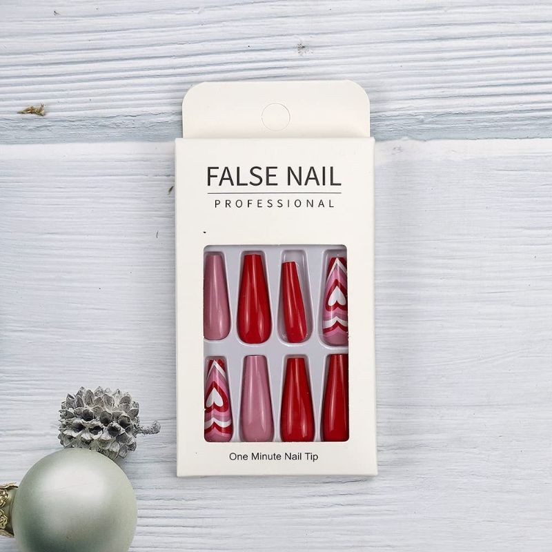 Photo 3 of  Valentine’s Day Press on Nails Long Coffin Fake Nails Red Heart Design False Nails Full Cover Glue on Nails Acrylic Nails Stick on Nails for Women