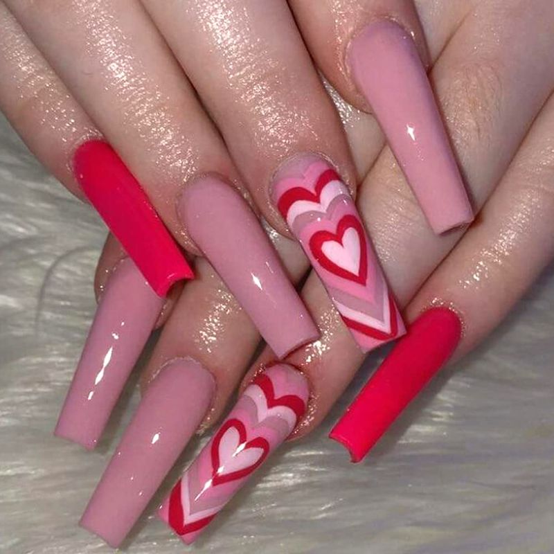 Photo 1 of  Valentine’s Day Press on Nails Long Coffin Fake Nails Red Heart Design False Nails Full Cover Glue on Nails Acrylic Nails Stick on Nails for Women