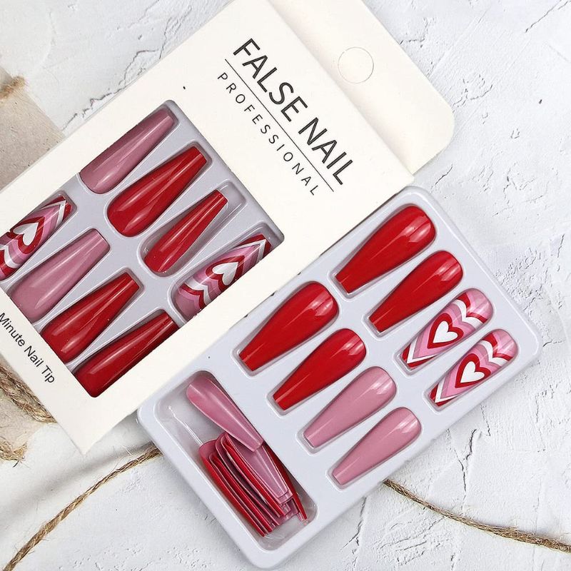 Photo 2 of  Valentine’s Day Press on Nails Long Coffin Fake Nails Red Heart Design False Nails Full Cover Glue on Nails Acrylic Nails Stick on Nails for Women