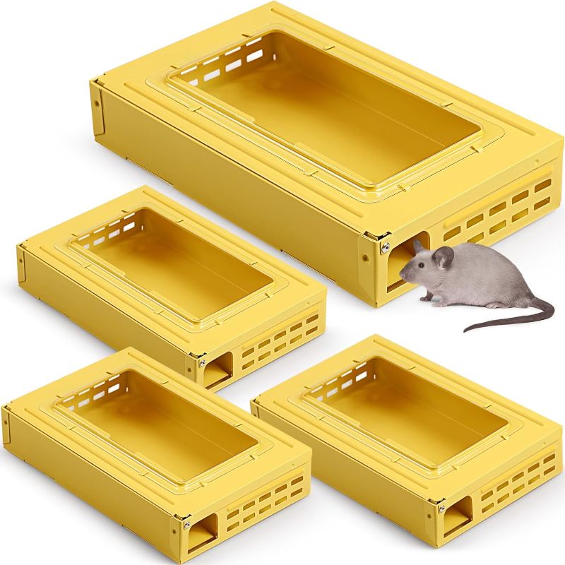 Photo 1 of 4 Pack Multi Catch Mouse Trap Clear Top Humanized Mouse Trap Reusable Mouse Trap PET and Kids Security for Indoor Outdoor Garage House and Kitchen (Yellow)