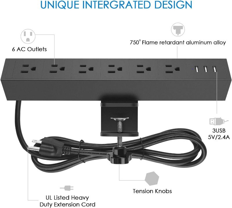 Photo 3 of  6 Outlet Desk Clamp Power Strip, 380J Surge Protector Large Desktop Mount Outlet with 3 USB Ports, Fit 1.8 inch Tabletop Edge Thick. 10 FT Power Cord. (Black)