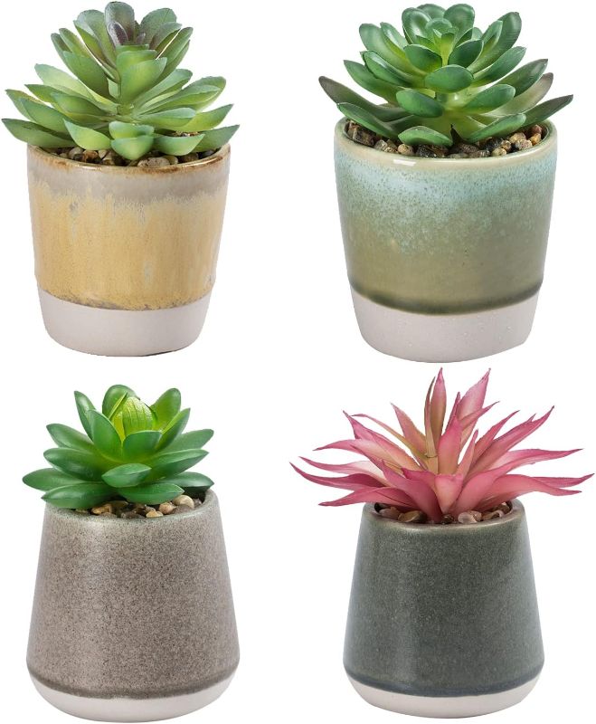 Photo 1 of 4 Pack Artificial Succulent Plants Potted, Small Fake Succulents in Ceramic Pots, Fake Plants Home Office Room Decor