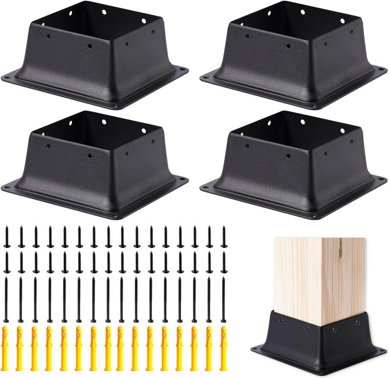 Photo 1 of 4 x 4 Post Base, 4PCS Railing Post Brackets (Inner Size 3.6"x3.6"), Black Coated Heavy Thick Steel Fence Post Anchor for 4"x4" Standard Wood Post Anchor Deck Porch Railing Pergola Support