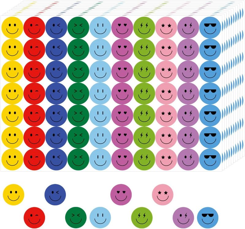 Photo 1 of  6000 Pieces Happy Smile Face Stickers for Kids School Reward Behavior Chart,3/8 Inch in Diameter Round Colorful Reward Labels 10 Styles Happy Face Stickers for Teachers (50 Sheets)