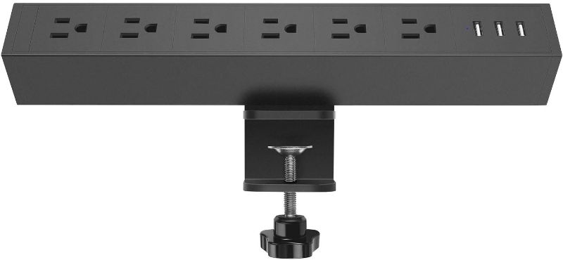Photo 1 of  Metal 6 Outlet Desk Clamp Power Strip, 380J Surge Protector Large Desktop Mount Outlet with 3 USB Ports, Fit 1.8 inch Tabletop Edge Thick. 10 FT Power Cord. (Black)