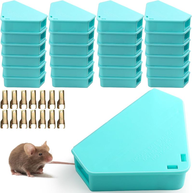 Photo 1 of 24 Pcs Triangle Mouse Station with Keys, Key Required Mouse Bait Station, Reusable Humane Rodent Box Against Mice Chipmunks Squirrels for Kitchen Living Room Office Warehouse (Blue)