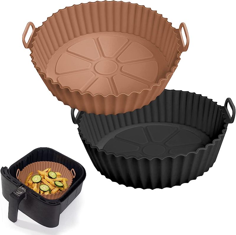 Photo 1 of 2 Pack Air Fryer Silicone Liners Pot for 3 to 5 QT, Air Fryer Silicone Basket Bowl, Replacement of Flammable Parchment Paper, Reusable Baking Tray Oven Accessories, Brown+Blk, (Top 8in, Bottom 6.75in)