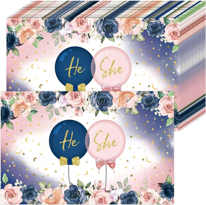 Photo 1 of 100 Pcs Gender Reveal Paper Place Mats He or She Disposable Navy Blue and Blush Pink Gender Reveal Decorations for Boy Girl Baby Shower Gender Reveal Birthday Party Favors, 17 x 11 Inch