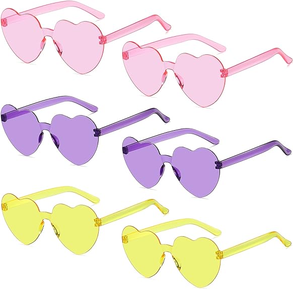 Photo 1 of AOMASTE 6 Peices Heart Sunglasses Rimless Transparent Heart Shaped Glasses Candy Color Eyewear for Women Party Favor (2 Pink, 2 Purple, 2 Yellow)