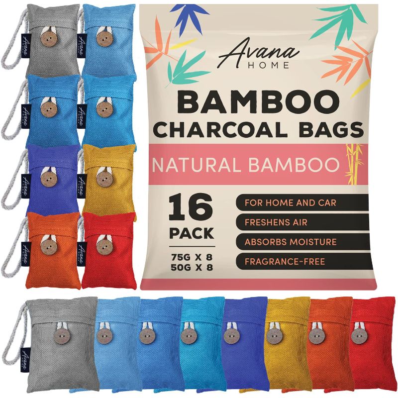 Photo 1 of (16 Pack) Bamboo Charcoal Air Purifying Bag - Charcoal Bags Odor Absorber, for Car, Home & Shoes - Activated Charcoal , Fragrance-Free Odor Eliminator (8x75g, 8x50g)