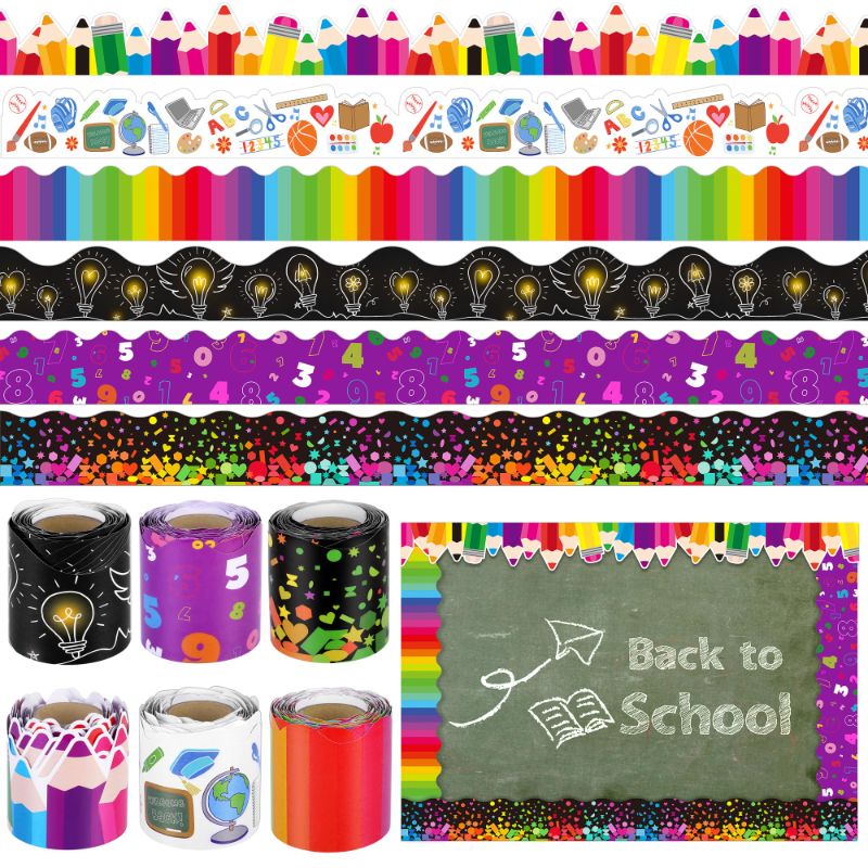 Photo 1 of durony 6 Rolls 196.85 Feet Colorful Classroom Borders Bulletin Board Borders Colorful Scalloped Border Trim Back to School Classroom Decorations with Adhesive Dots for Classroom School Decor, 6 Style Back-to-school Season