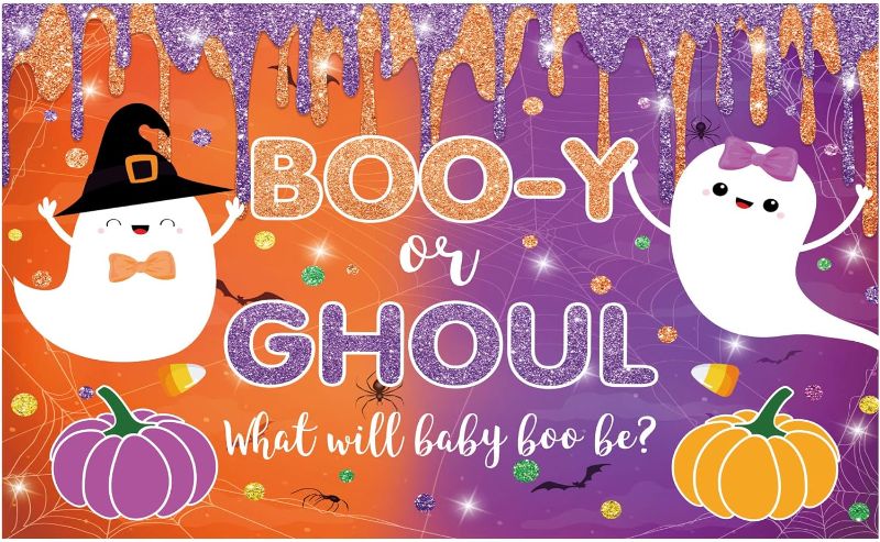 Photo 1 of 
Funnytree Halloween Gender Reveal Backdrop for Party Ghost Boo-y or Ghoul Background He or She Boy or Girl What Will Baby Boo Be