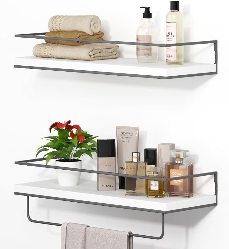 Photo 1 of  Shario Floating Shelves - Set of 2, Wall Mounted Hanging Shelves with Golden Towel Rack, Decorative Storage Shelves for Bathroom, Kitchen, Living Room & Bedroom (White Grey) 