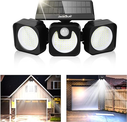Photo 1 of JACKSUN Solar Flood Light Outdoor 218 LED Security Wall Light, 270°Adjustable 3 Heads Solar Light, Cordless Motion Sensor 26ft, Waterproof IP65 Solar Powered, 6500K 2000 Lumen
