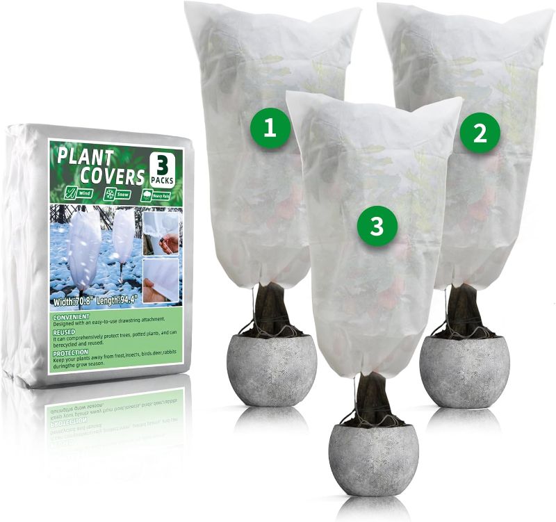 Photo 1 of 3 Packs Plant Covers Freeze Protection, 70.8" X94.4" Winter Frost Cloth, 2.2oz Reusable Frost Blankets, Tree Cover Drawstring Bags for Outdoor Fruit Potted Shrub Season Extension
